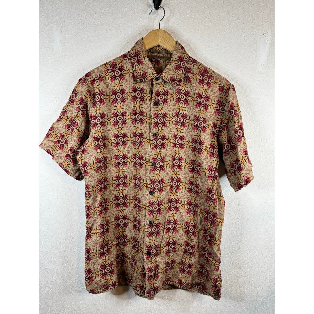 Axist Men’s Medium 100% Linen Wave Washed Red Beige Hawaiian Camp Shirt Surf